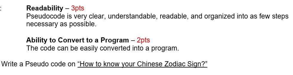 Solved : Readability – 3pts Pseudocode is very clear, | Chegg.com