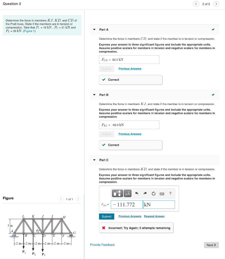 Solved Question 2 2 of 5 Determine the force in members | Chegg.com