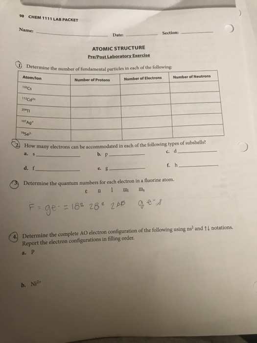 Solved 98 CHEM 1111 LAB PACKET Name: Date ATOMIC STRUCTURE | Chegg.com