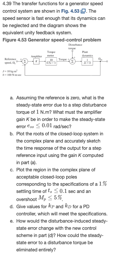 Solved 4.39 The transfer functions for a generator speed | Chegg.com