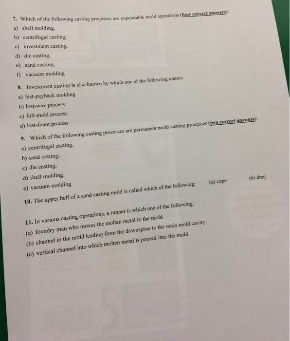 Solved Which of the following casting processes are