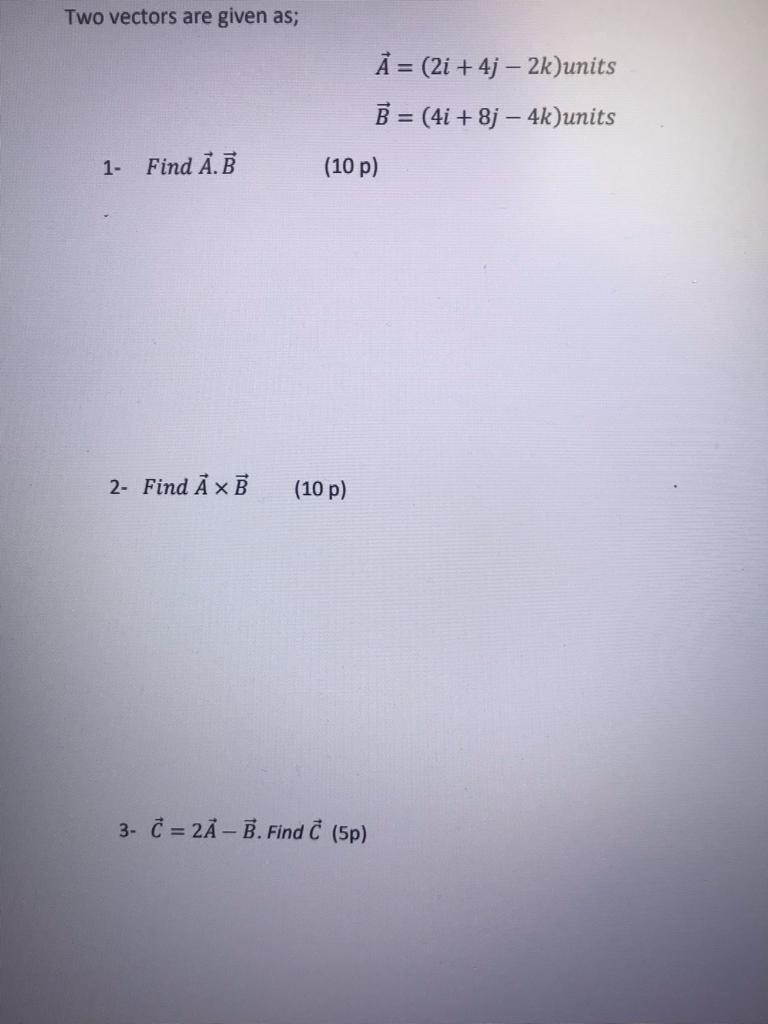 Solved Two Vectors Are Given As; A=(2i+4j−2k) Units | Chegg.com