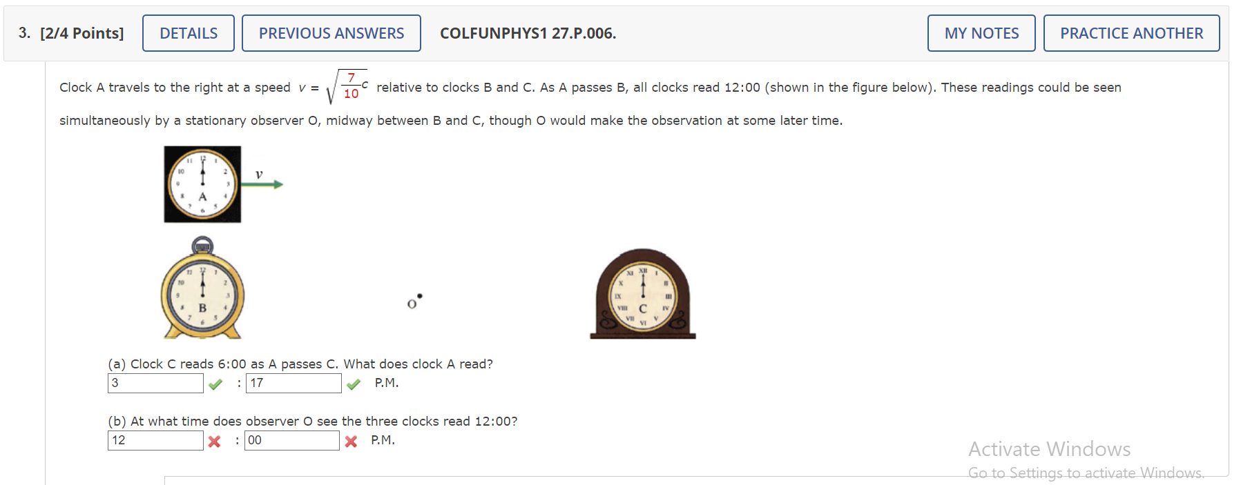 Solved 4 Points] COLFUNPHYS1 27.P.006. Clock A travels to | Chegg.com