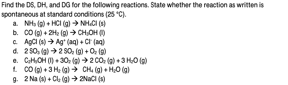 Solved Find the DS, DH, and DG for the following reactions. | Chegg.com