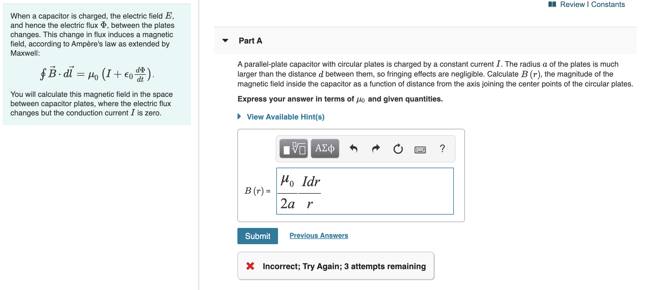 Solved A Review Constants When a capacitor is charged, the