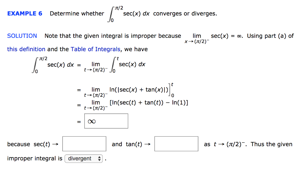 Solved , π/2 EXAMPLE 6 Determine whether sec(x) dx converges | Chegg.com