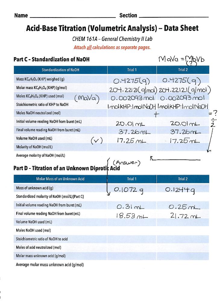 Solved Acid Base Titration Volumetric Analysis Data Chegg Com