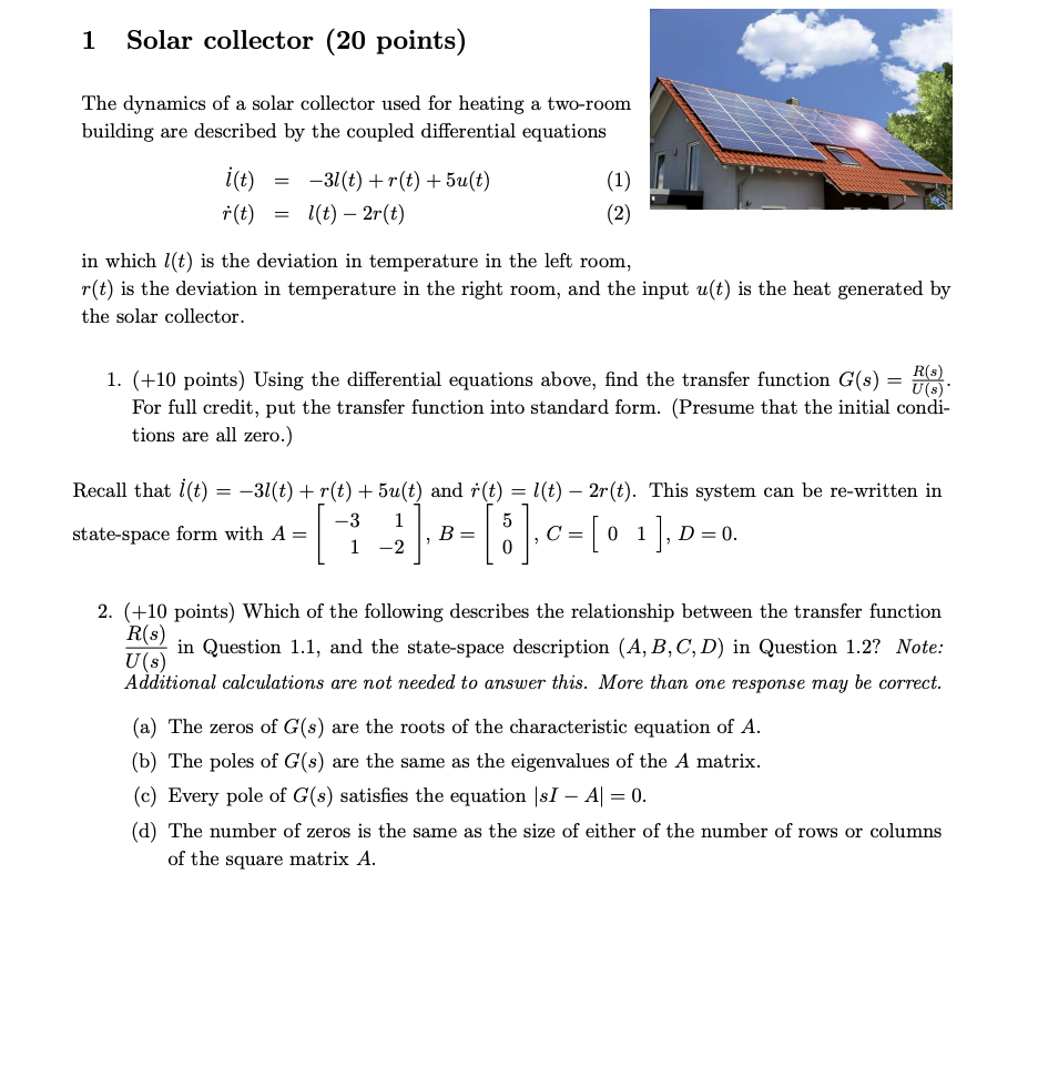 Solved 1 Solar collector (20 points) The dynamics of a solar | Chegg.com