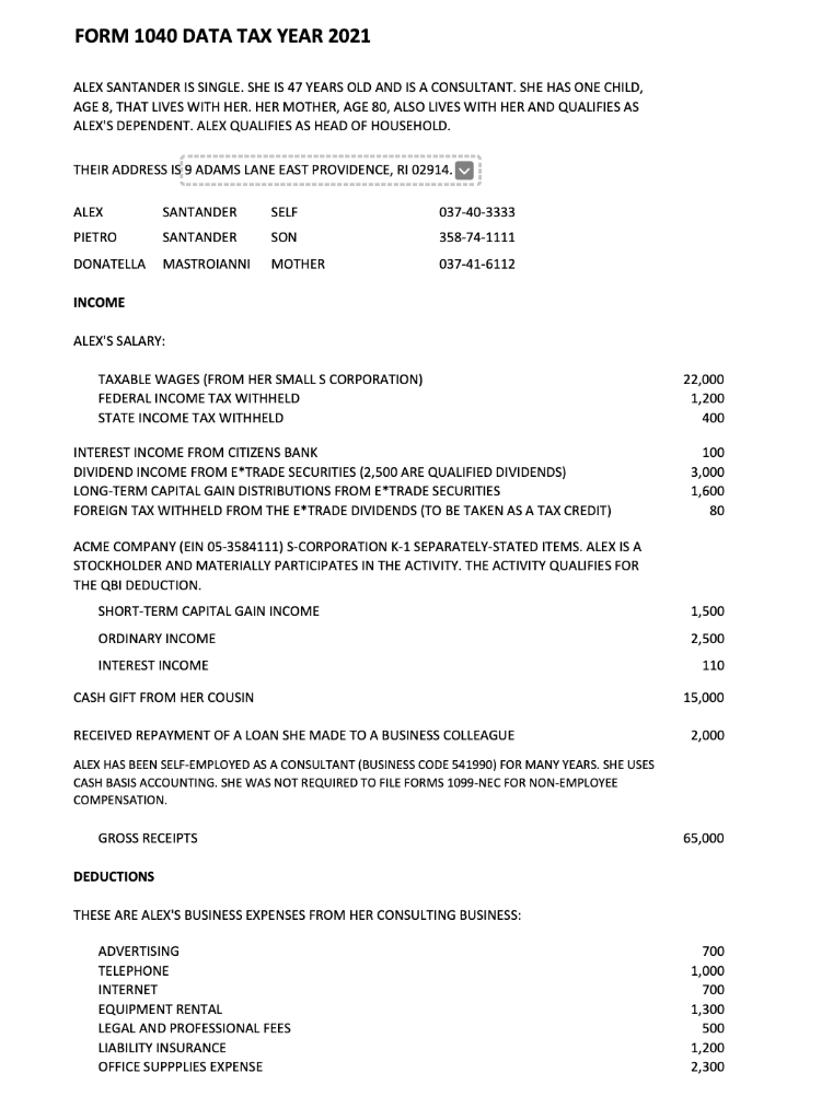 FORM 1040 DATA TAX YEAR 2021 ALEX SANTANDER IS | Chegg.com