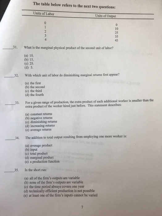 Solved The table below refers to the next two questions: | Chegg.com