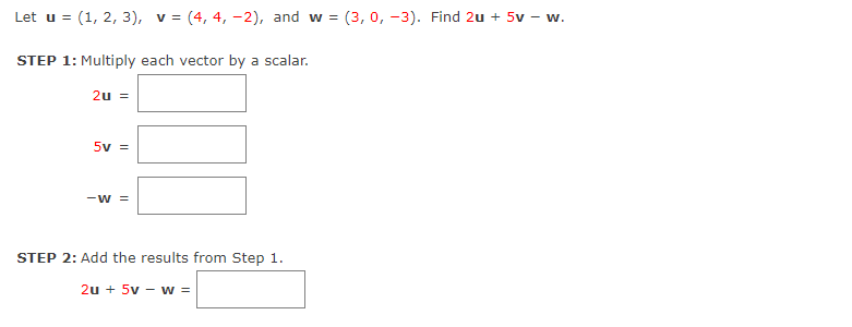 Solved Let u=(1,2,3),v=(4,4,−2), and w=(3,0,−3). Find | Chegg.com