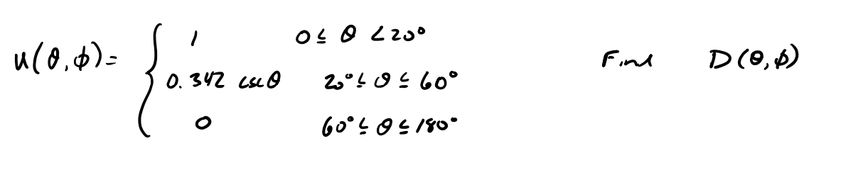 \( u(\theta, \phi)=\left\{\begin{array}{cc}1 & 0 \leq \theta<20^{\circ} \\ 0.342 \csc \theta & 20^{\circ} \leq \theta \leq 60