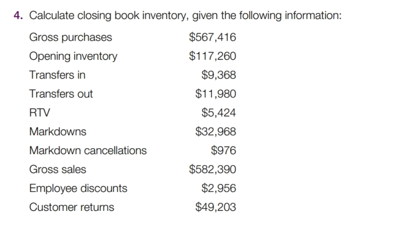 Solved 1. Calculate closing book inventory, given the | Chegg.com
