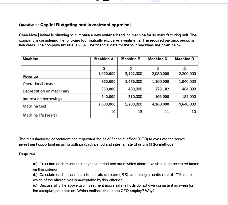 Solved Question 1: Capital Budgeting And Investment | Chegg.com