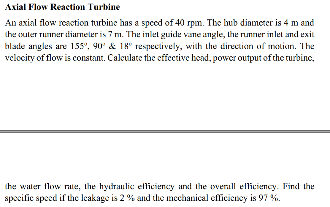Solved Axial Flow Reaction Turbine An axial flow reaction | Chegg.com