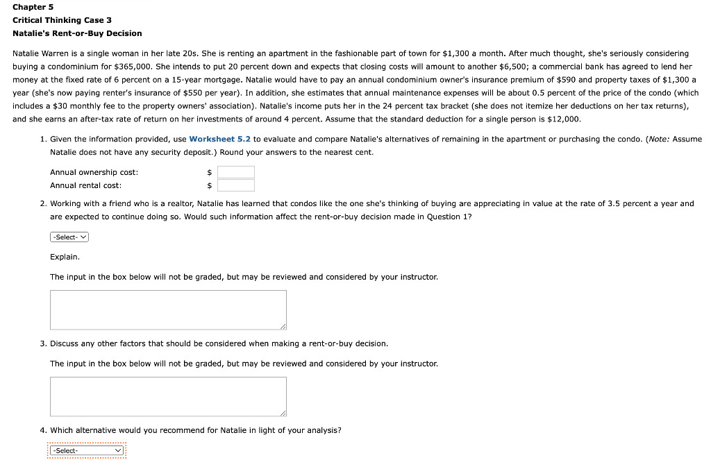 Solved Critical Thinking Case 3 Natalie's Rent-or-Buy | Chegg.com