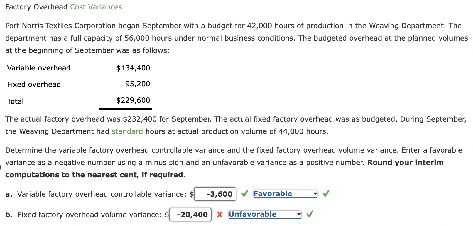 Factory Overhead Cost Variances
Port Norris Textiles Corporation began September with a budget for 42,000 hours of production