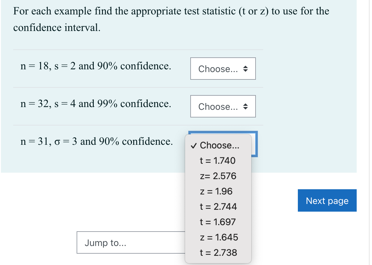 Solved For each example find the appropriate test statistic | Chegg.com