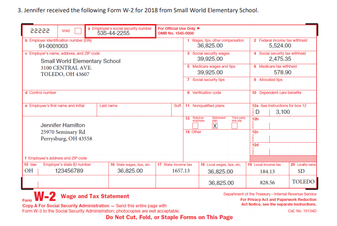 3. Jennifer received the following Form W-2 for 2018 | Chegg.com