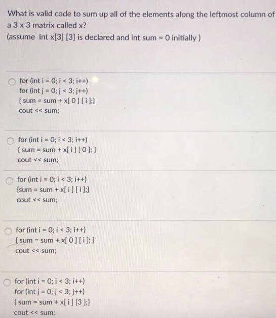 Solved What is valid code to sum up all of the elements | Chegg.com