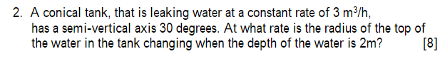 Solved 2. A conical tank, that is leaking water at a | Chegg.com