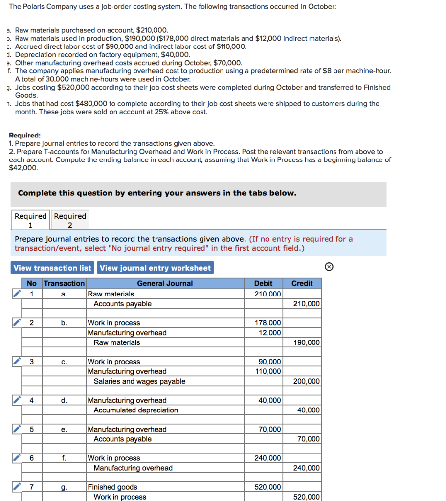 Solved The Polaris Company uses a joborder costing system.