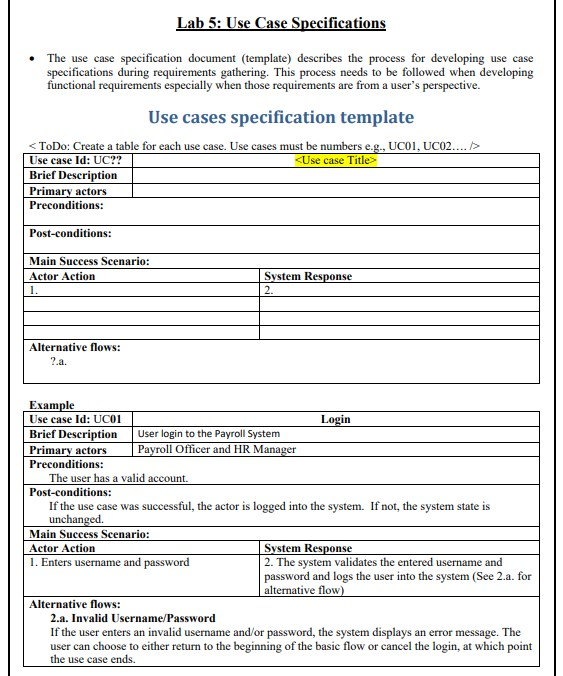 Lab 5 Use Case Specifications The Use Case Specification Document 