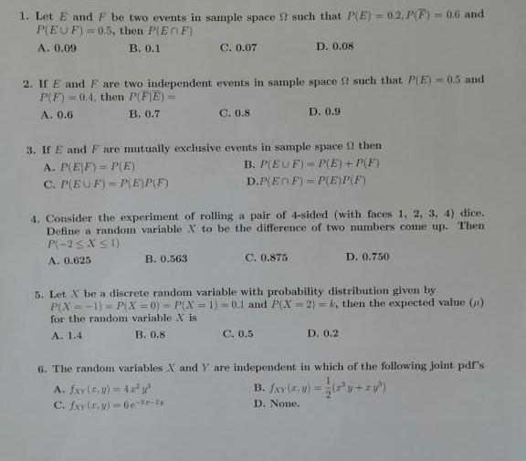 Solved 1 Let E And F Be Two Events In Sample Space Such Chegg Com