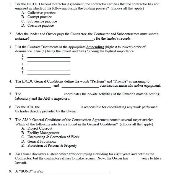 Solved 1. Per The EJCDC Owner/Contractor Agreement, The | Chegg.com