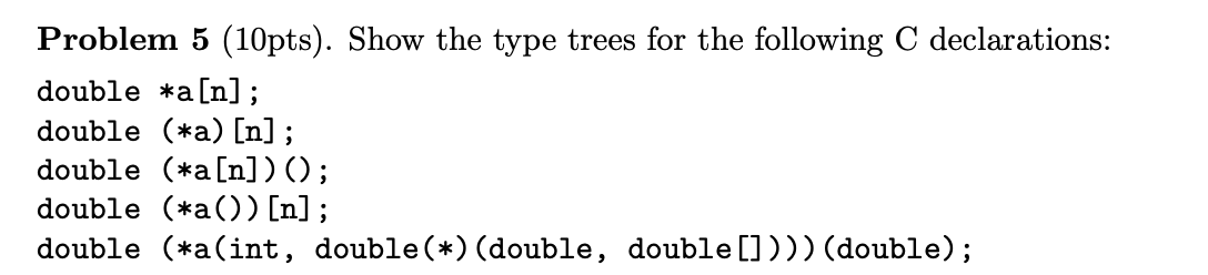 Solved Problem 5 (10pts). Show the type trees for the | Chegg.com