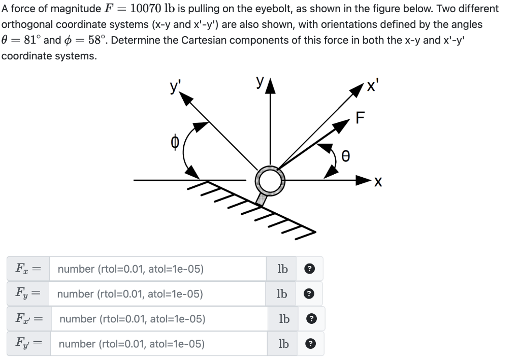 Solved A force of magnitude F=10070lb is pulling on the