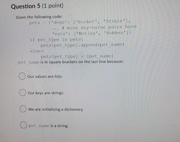 Solved Question 5 (1 point) Given the following code: pets = | Chegg.com