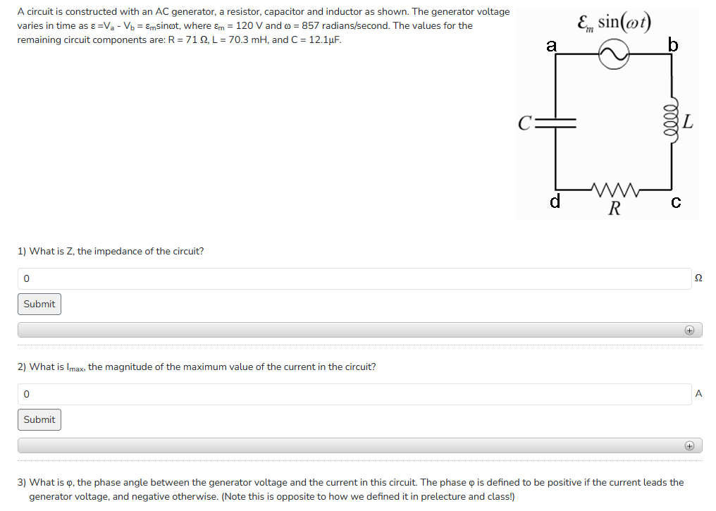 Solved A circuit is constructed with an AC generator, a | Chegg.com