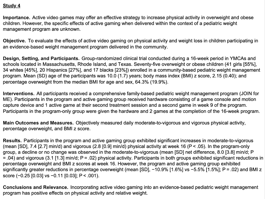 Solved Study 4 Importance. Active video games may offer an | Chegg.com