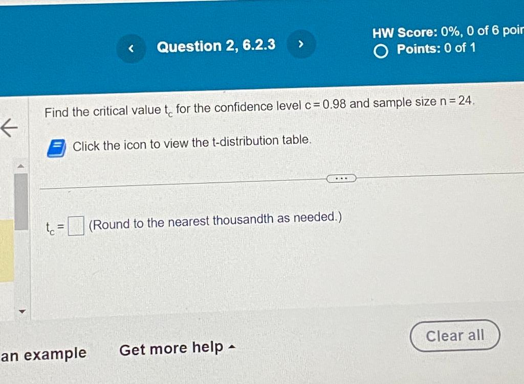 Solved Find the critical value tc for the confidence level | Chegg.com