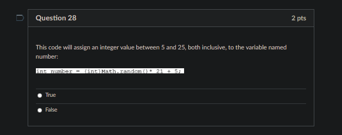 Solved u Question 28 2 pts This code will assign an integer | Chegg.com