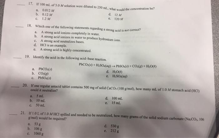 Solved If 100 mL of 3.0 M solution were diluted to 250 mL, | Chegg.com