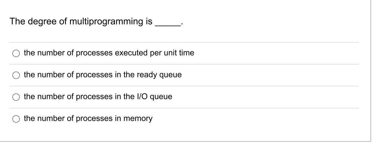 Solved The degree of multiprogramming is the number of | Chegg.com