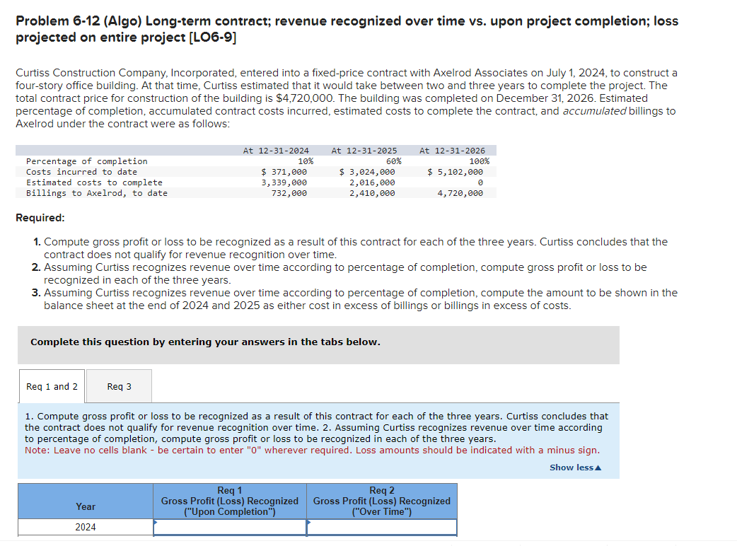 Solved Problem 6-12 (Algo) Long-term contract; revenue | Chegg.com