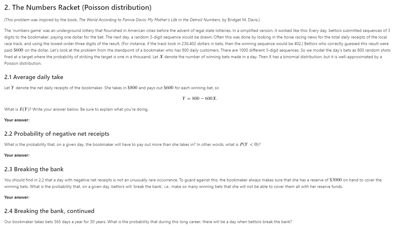 Solved 2. The Numbers Racket (Poisson distribution) (This | Chegg.com