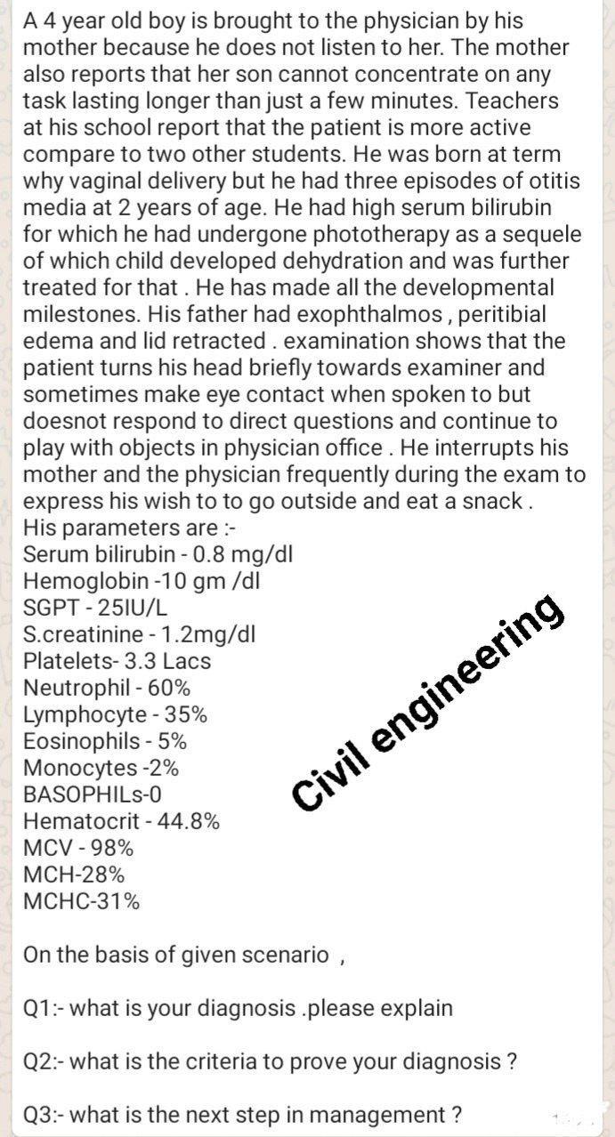 Solved A 4 year old boy is brought to the physician by his | Chegg.com
