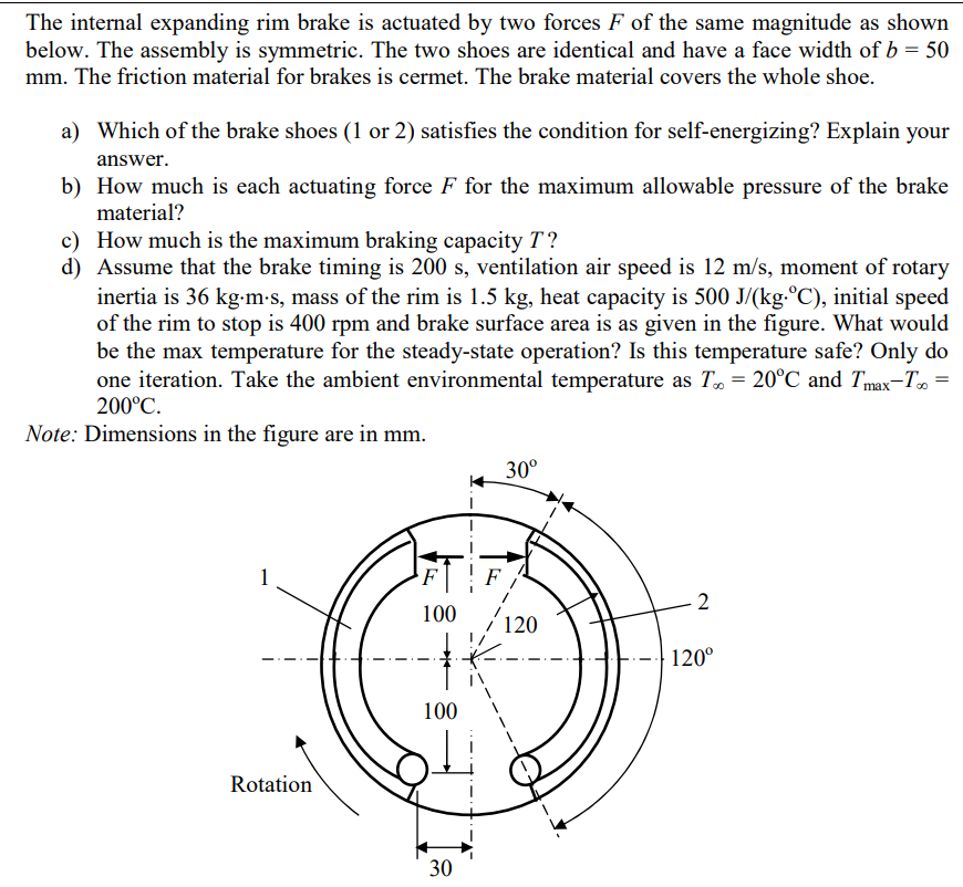 Solved The internal expanding rim brake is actuated by two | Chegg.com