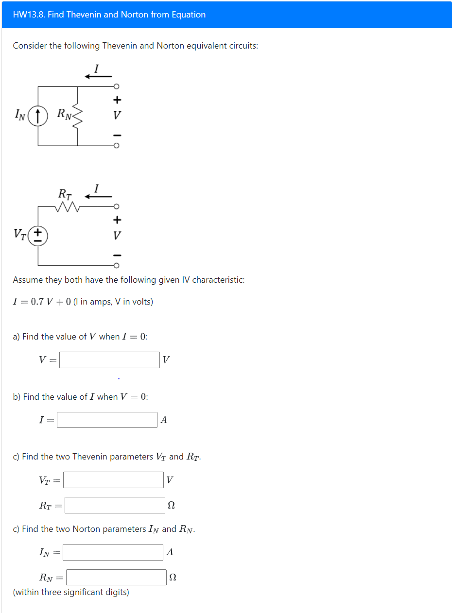 Solved HW13.8. Find Thevenin and Norton from Equation | Chegg.com