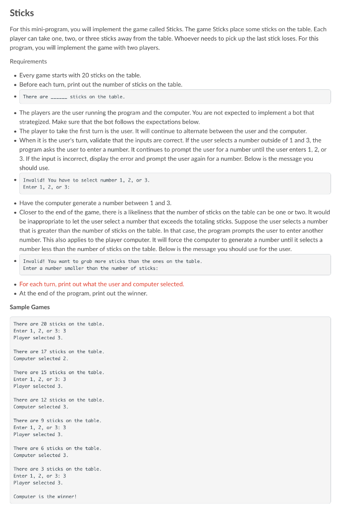 Solved Sticks For this mini-program, you will implement the | Chegg.com