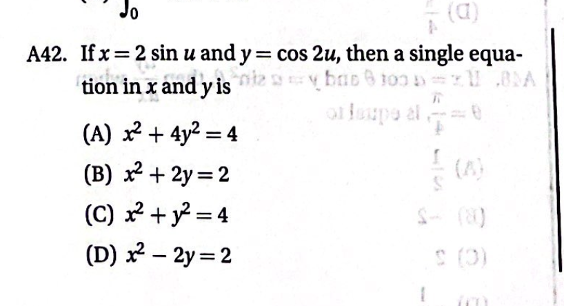 Solved A42. If x=2sinu and y=cos2u, then a single equation | Chegg.com