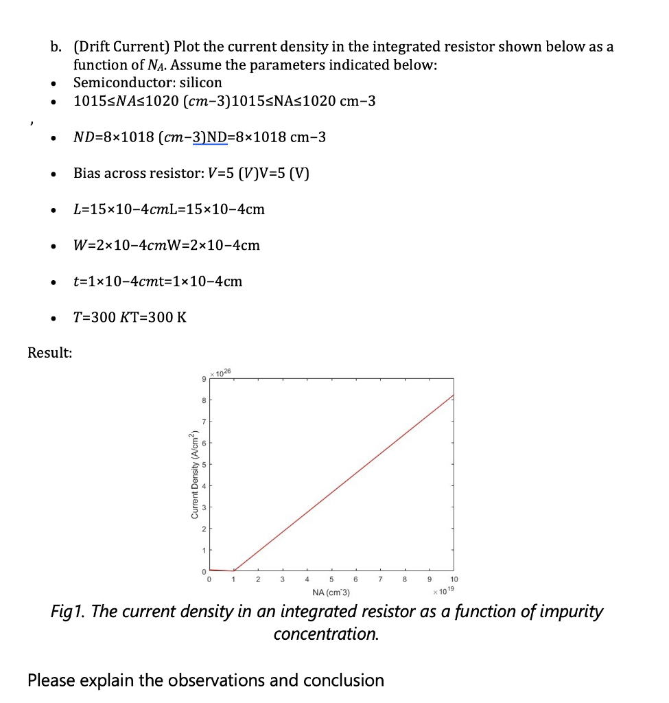 b. (Drift Current) Plot the current density in the integrated resistor shown below as a function of \( N_{A} \). Assume the p