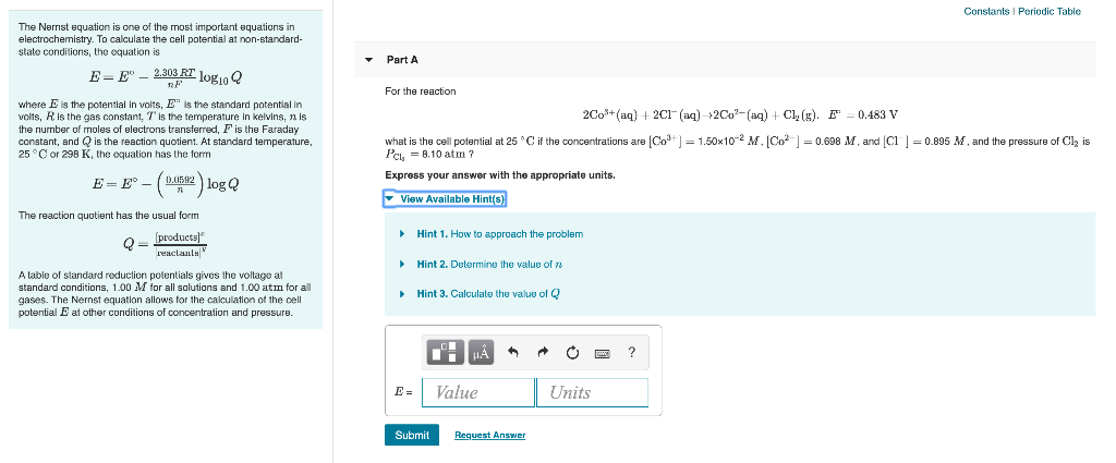 Solved Constants Periodic Table The Nernst Equation Is On Chegg Com