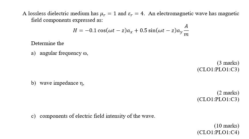 Solved A lossless dielectric medium has up = 1 and Er = 4. | Chegg.com