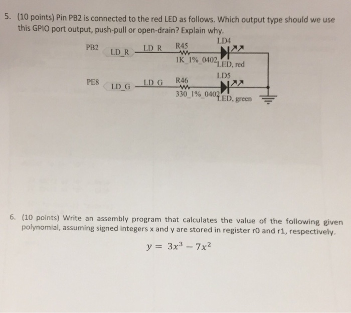 Solved 5. (10 points) Pin PB2 is connected to the red LED as | Chegg.com