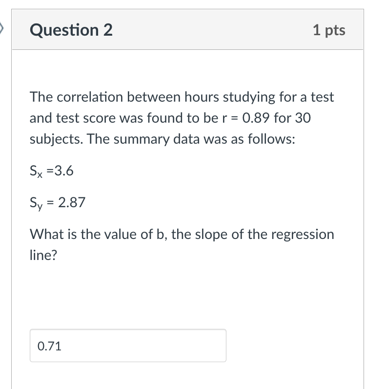 Solved Question 1 1 pts A linear regression was performed to | Chegg.com
